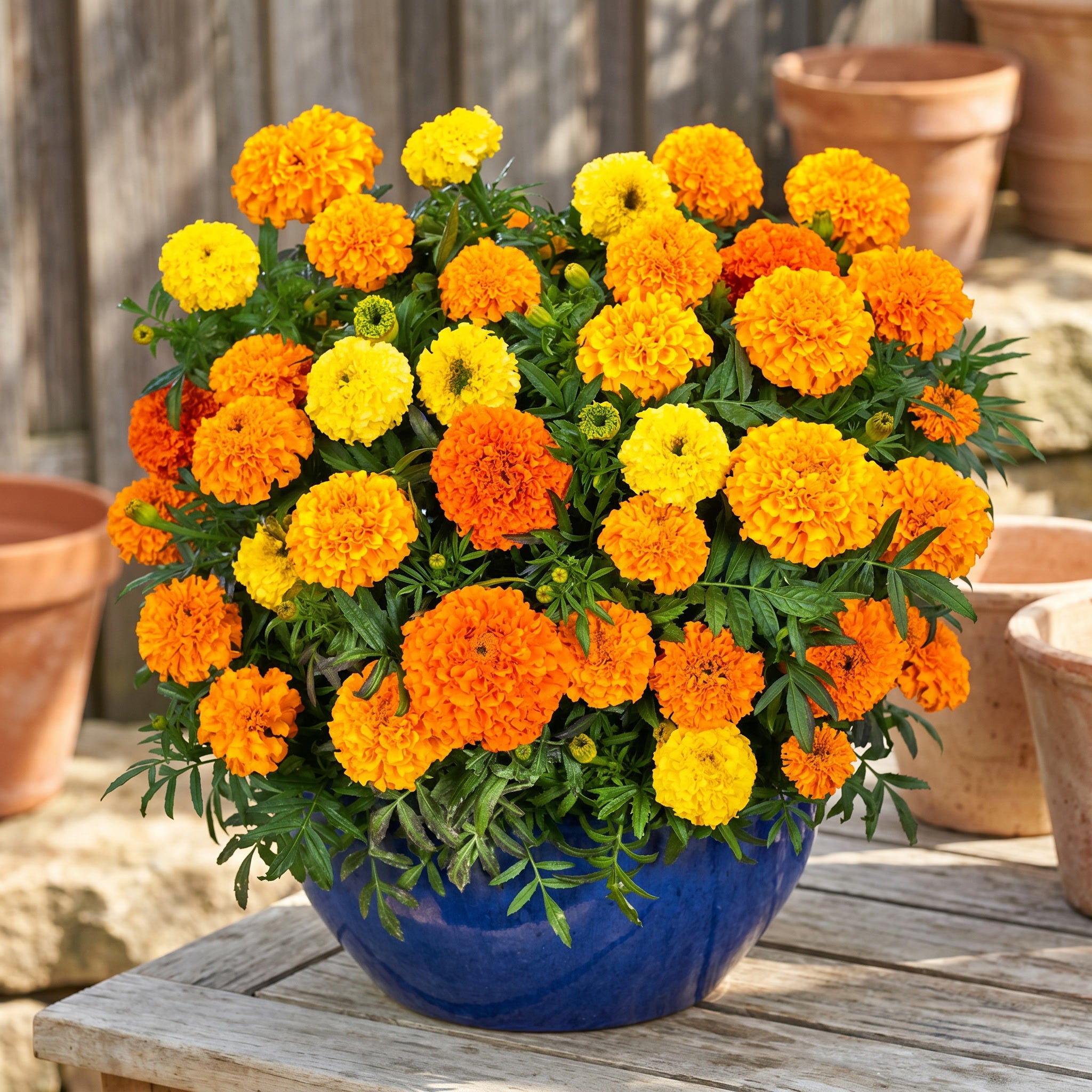 Bouquet of orange and yellow marigolds in a blue pot on a wooden surface.