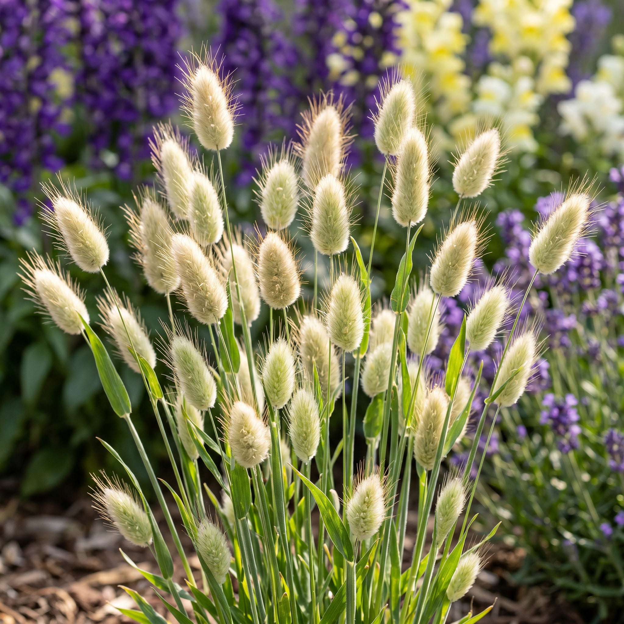Green grass with fluffy seed heads in a garden setting