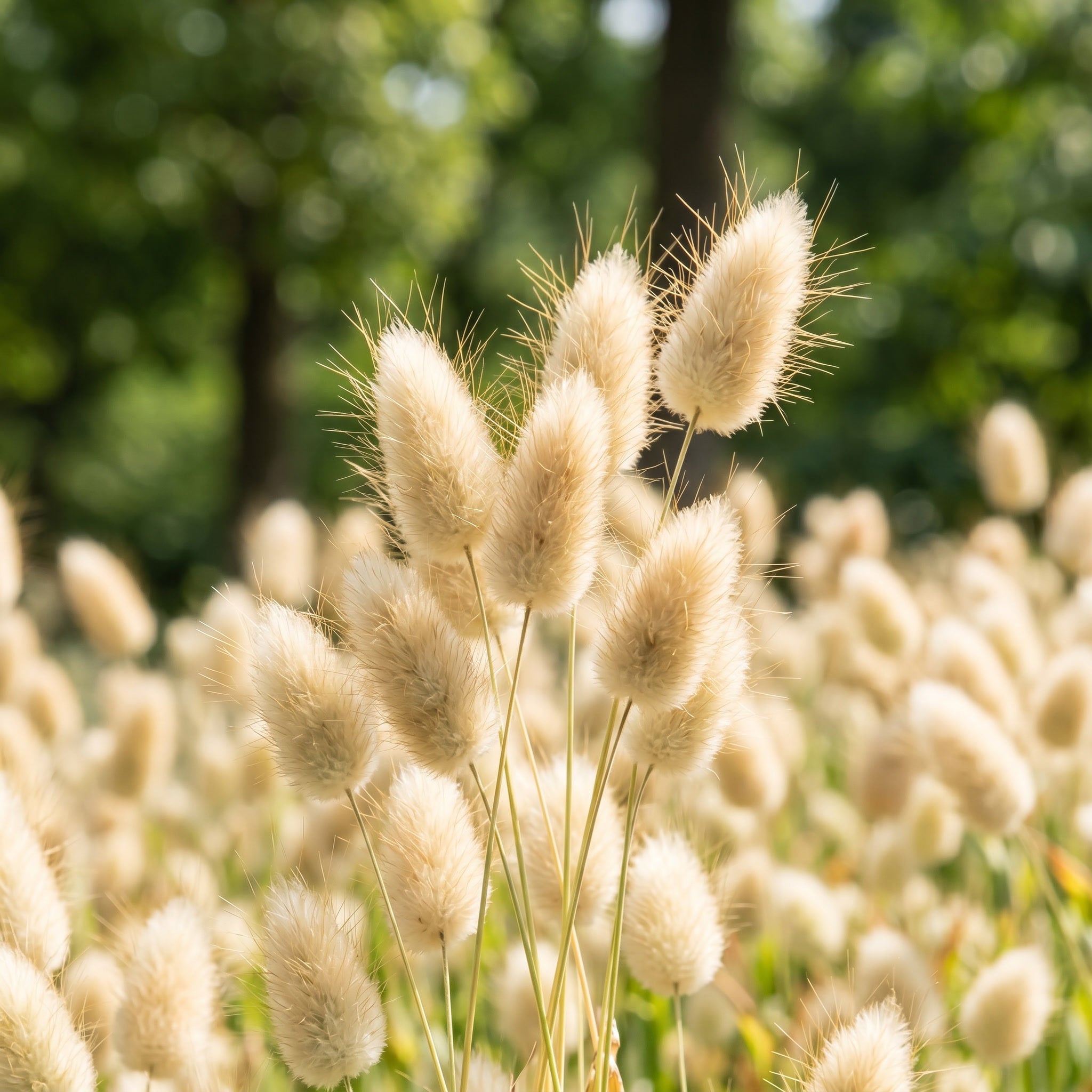 Field of fluffy grasses with a blurred green background