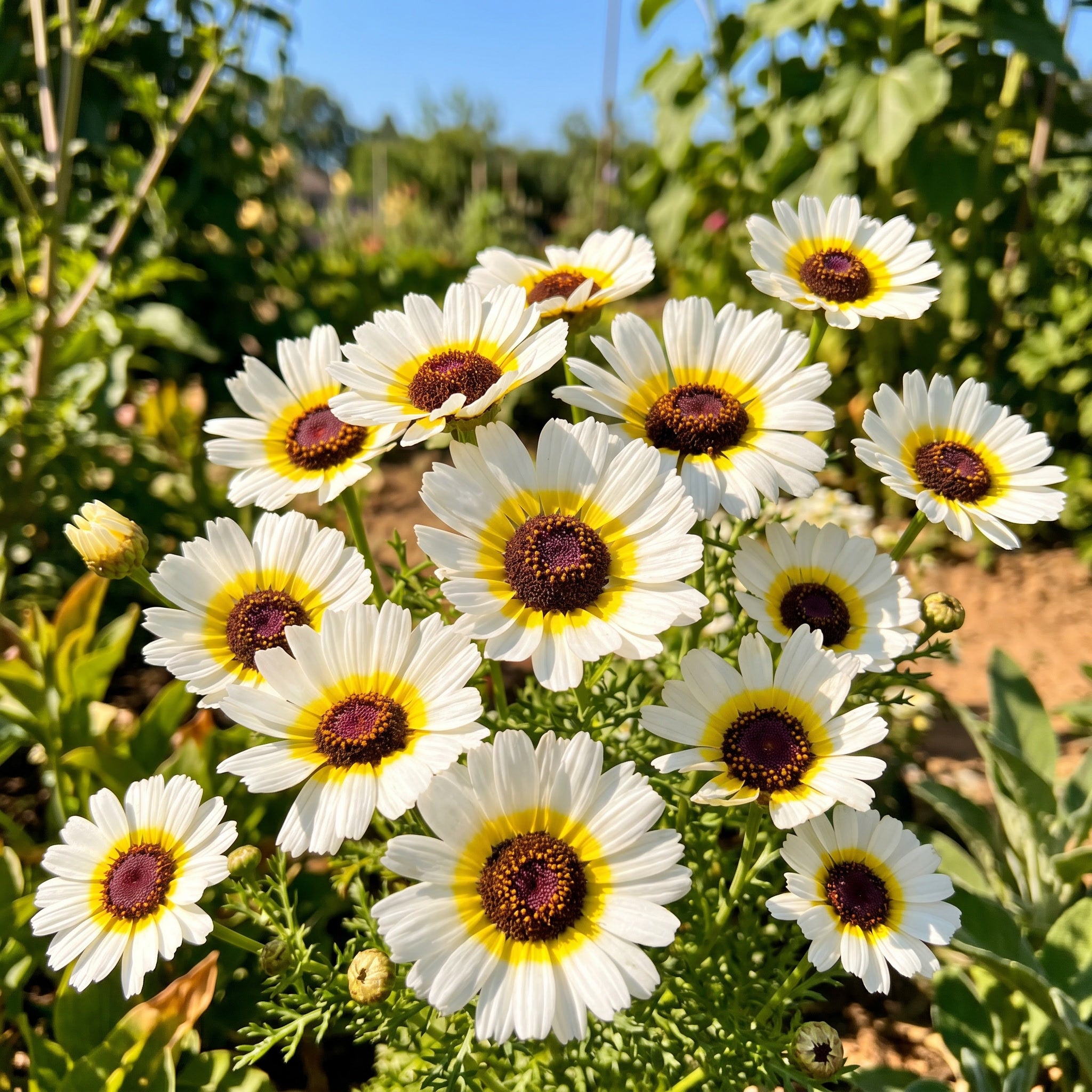 White flowers with yellow centers in a garden setting