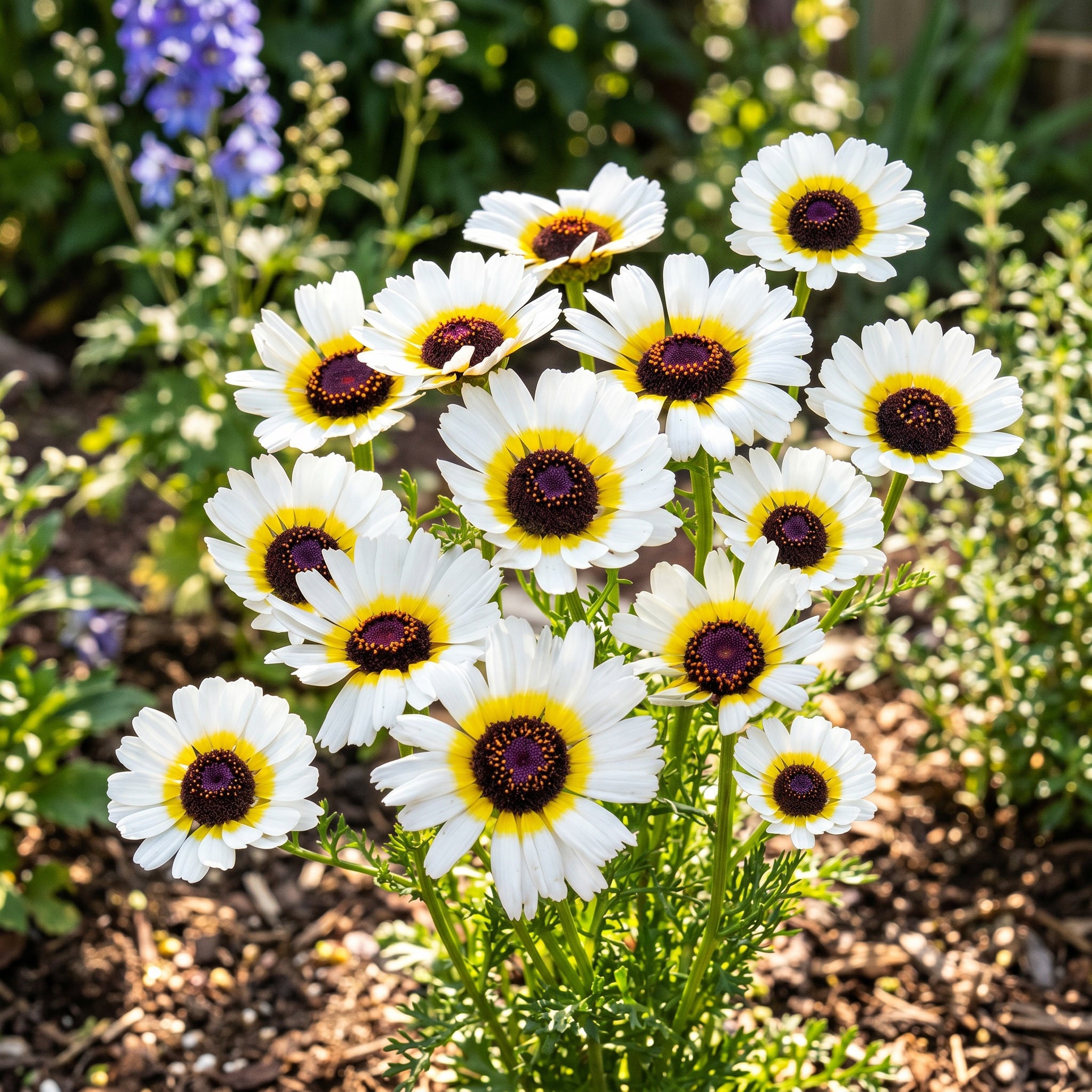 Bouquet of white flowers with yellow centers and purple centers in a garden setting.