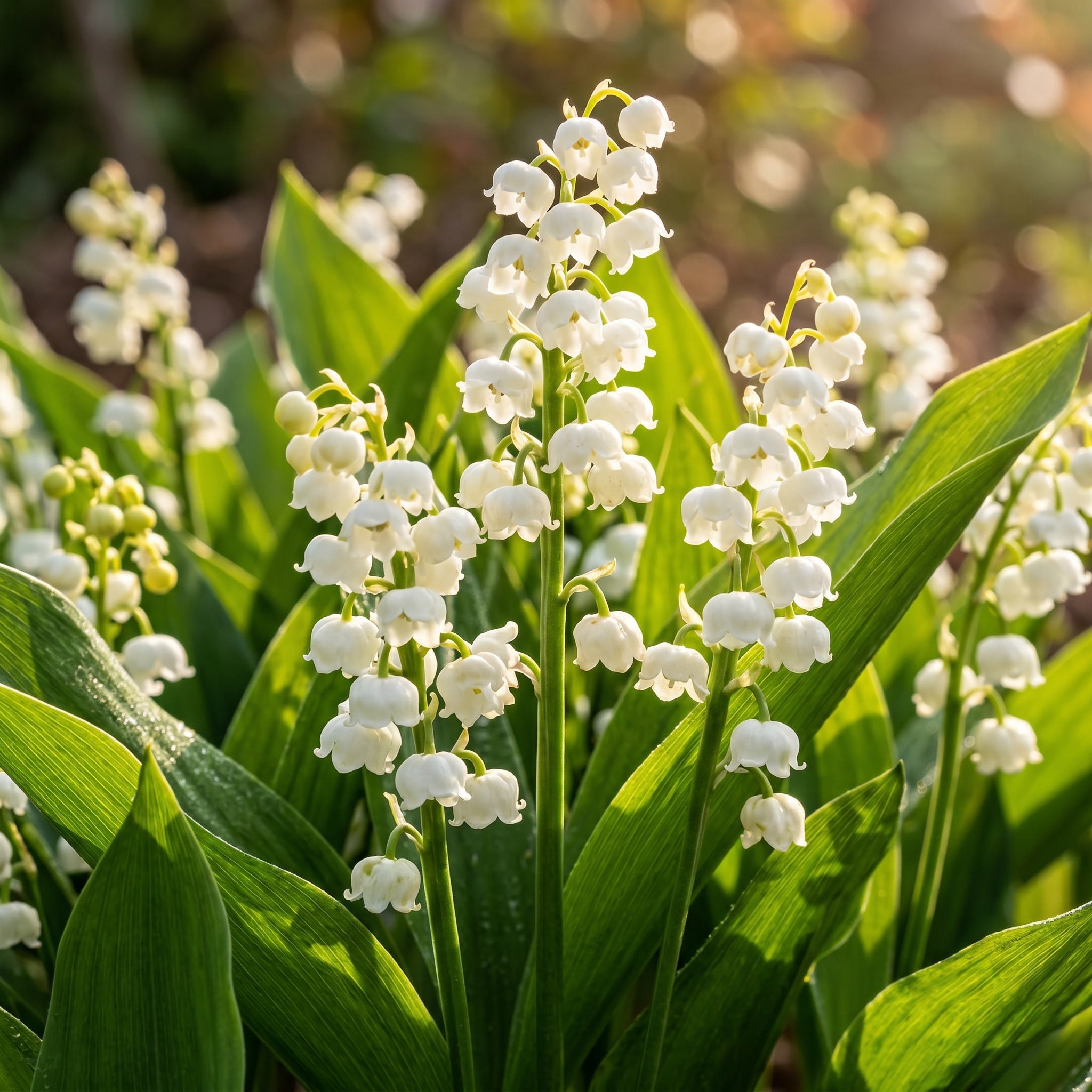 White Convallaria Majalis Prolificans flowers better known as Lily Of The Valley in a natural setting
