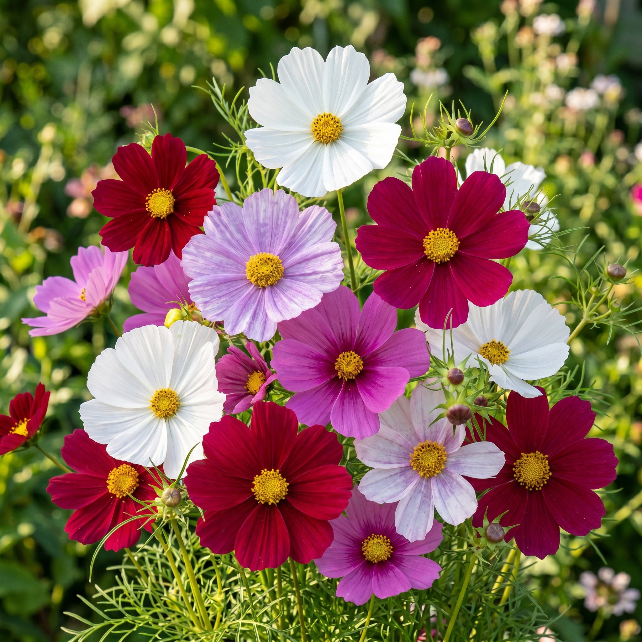 Bouquet of colorful flowers including red, white, and purple cosmos with a blurred green background.