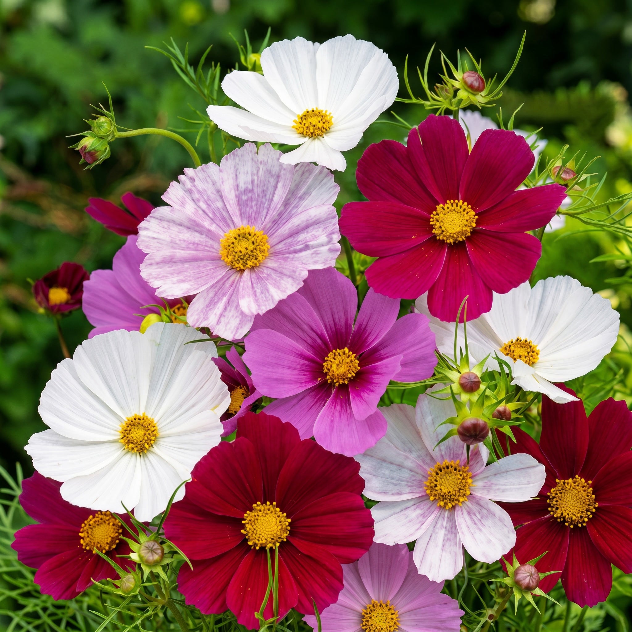 Colorful flowers with yellow centers on a green background