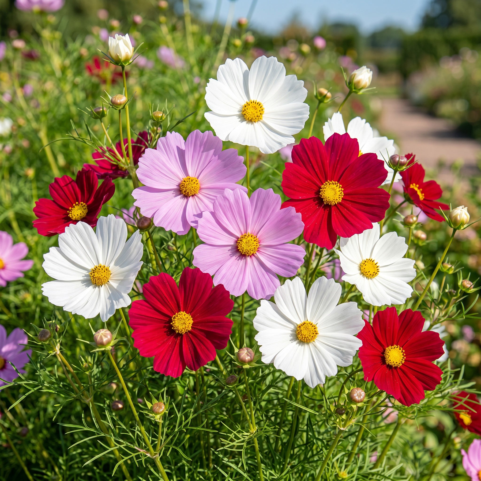 Colorful cosmos flowers in a garden setting