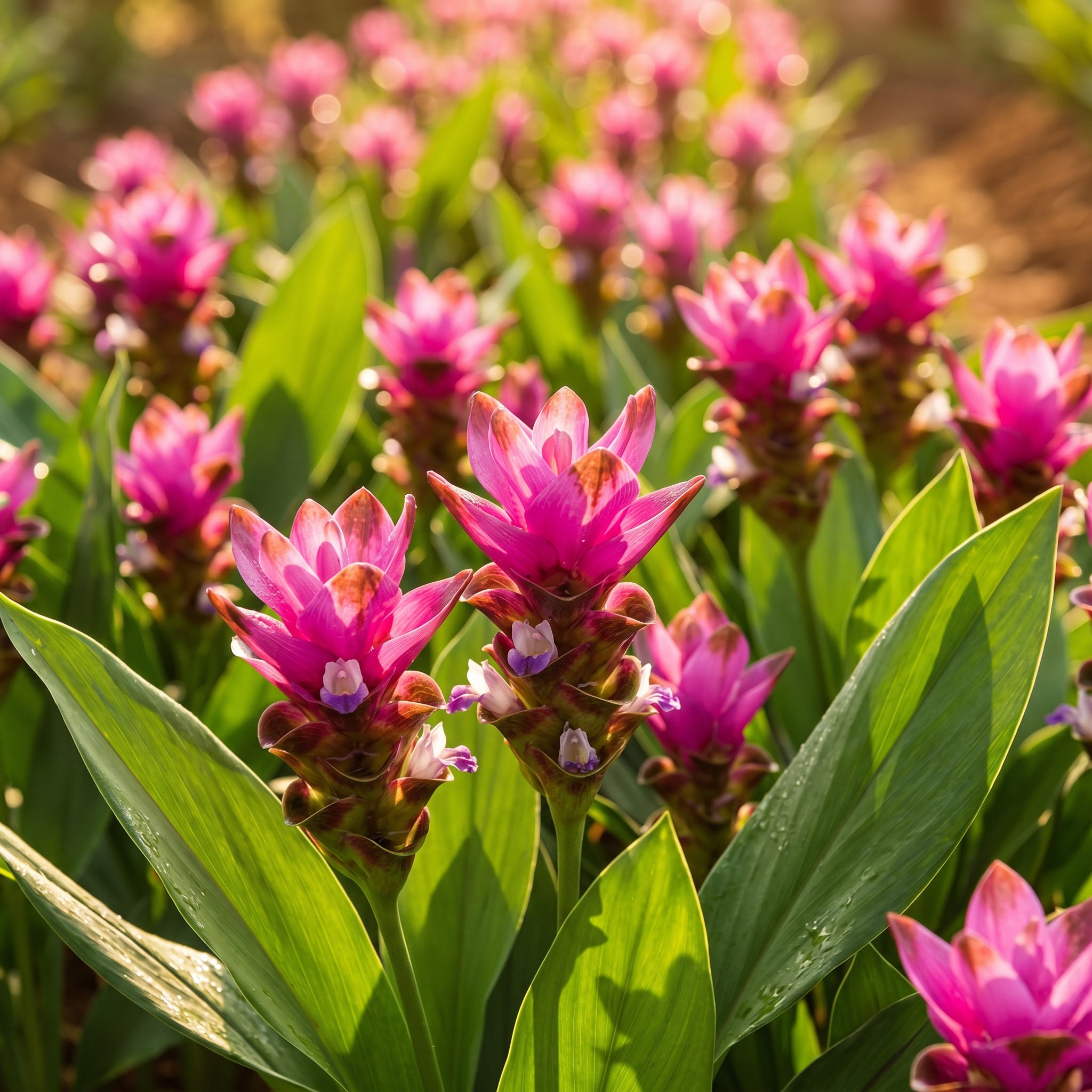 Close-up of pink flowers with green leaves in a natural setting