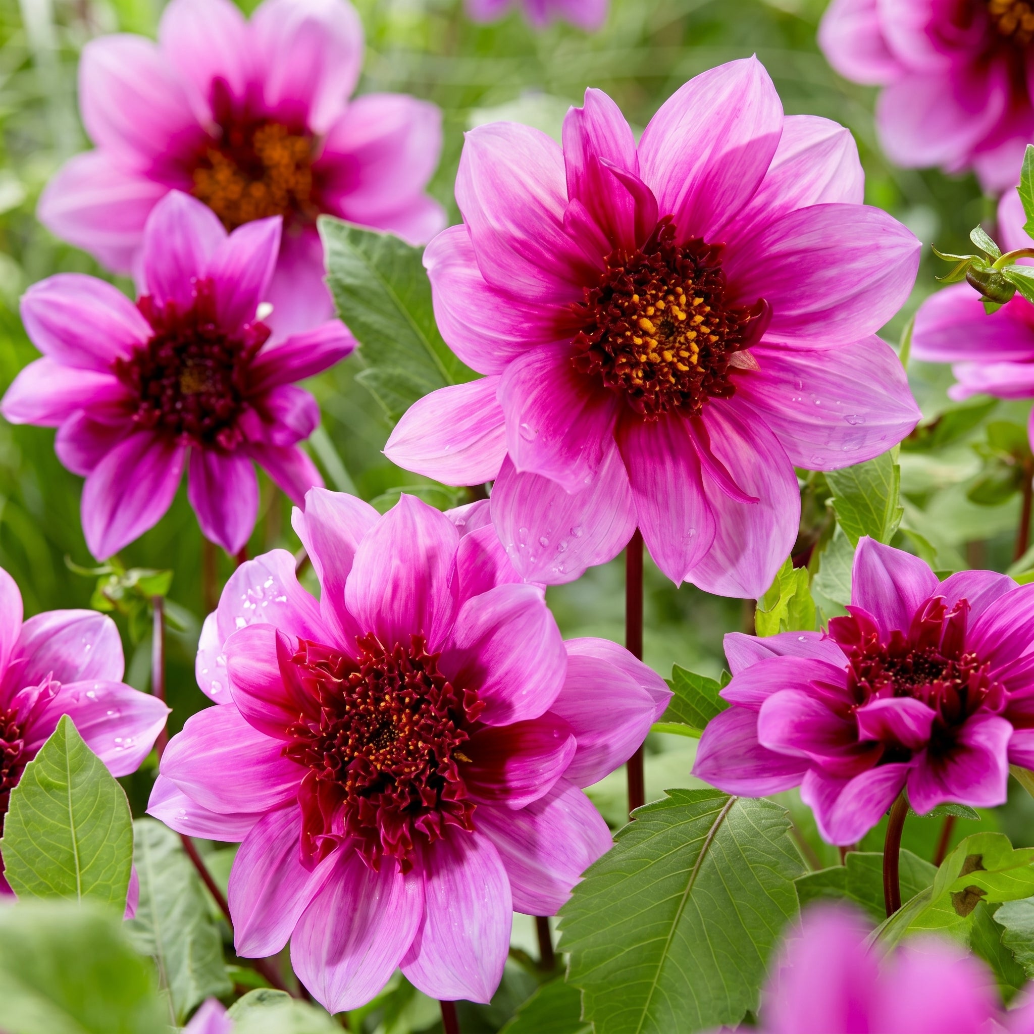 Close-up of pink flowers with green leaves in the background