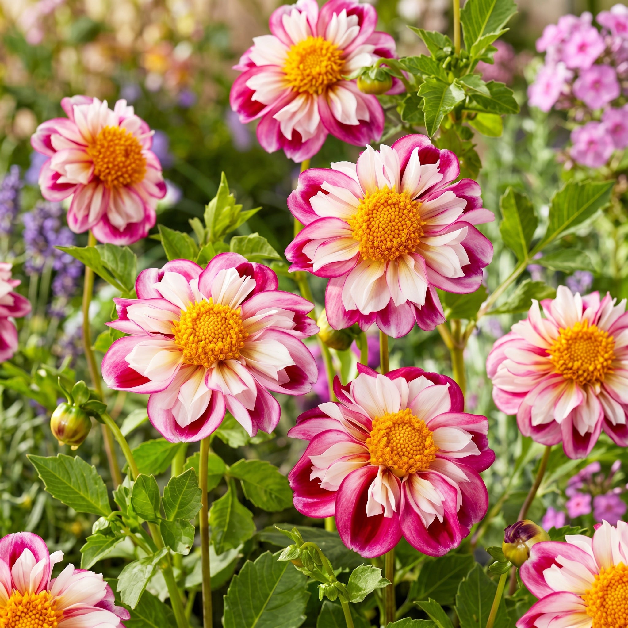 Close-up of pink and white flowers with yellow centers in a garden setting.
