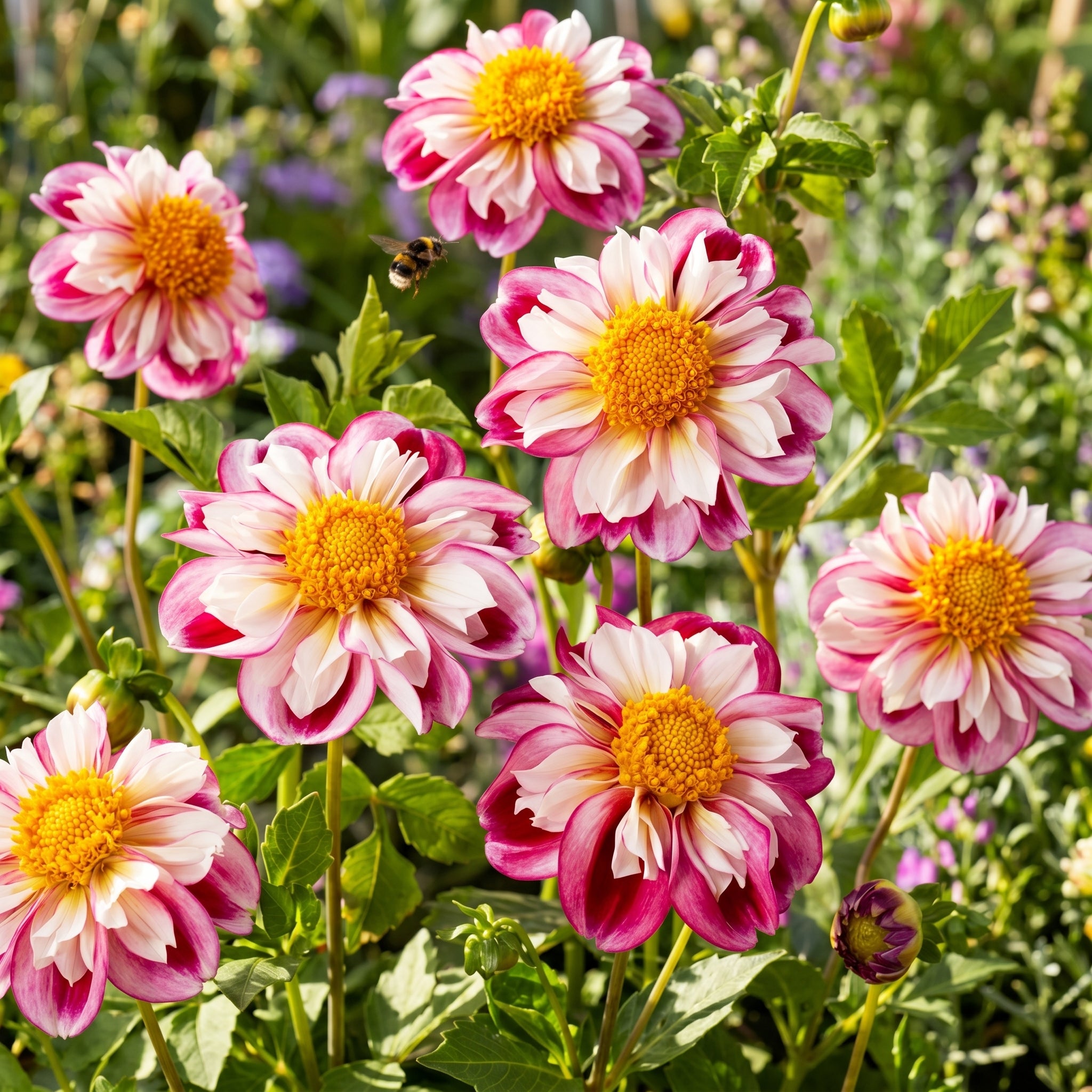 Group of pink and white flowers with yellow centers in a garden setting.