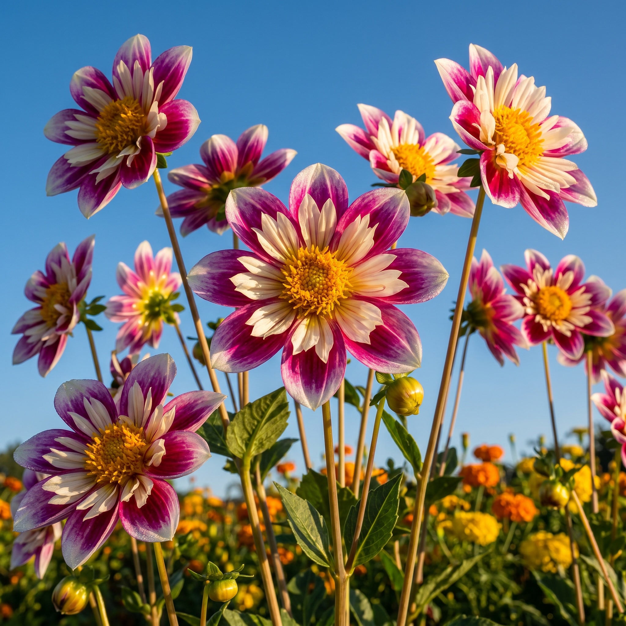 Group of pink and white flowers with a blue sky background