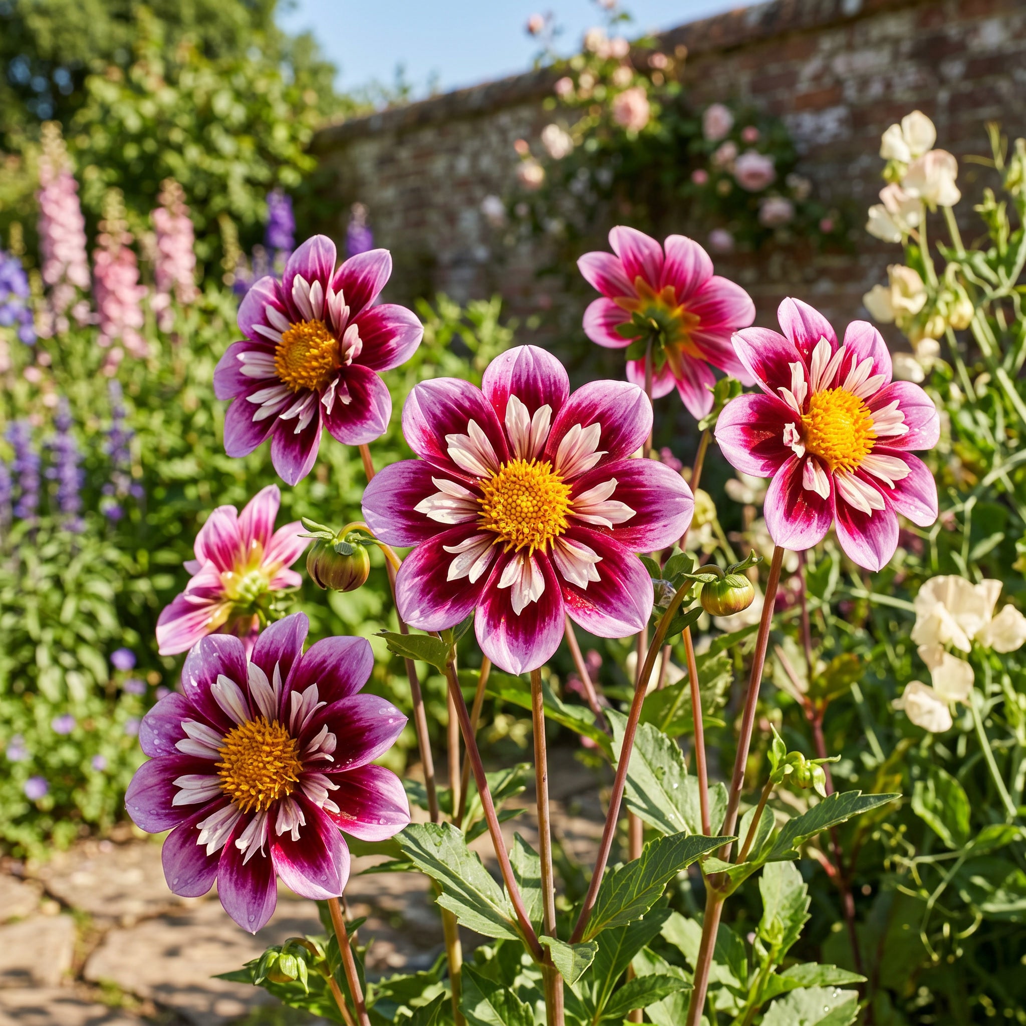 Pink and white dahlia flowers in a garden setting with greenery and a stone wall.