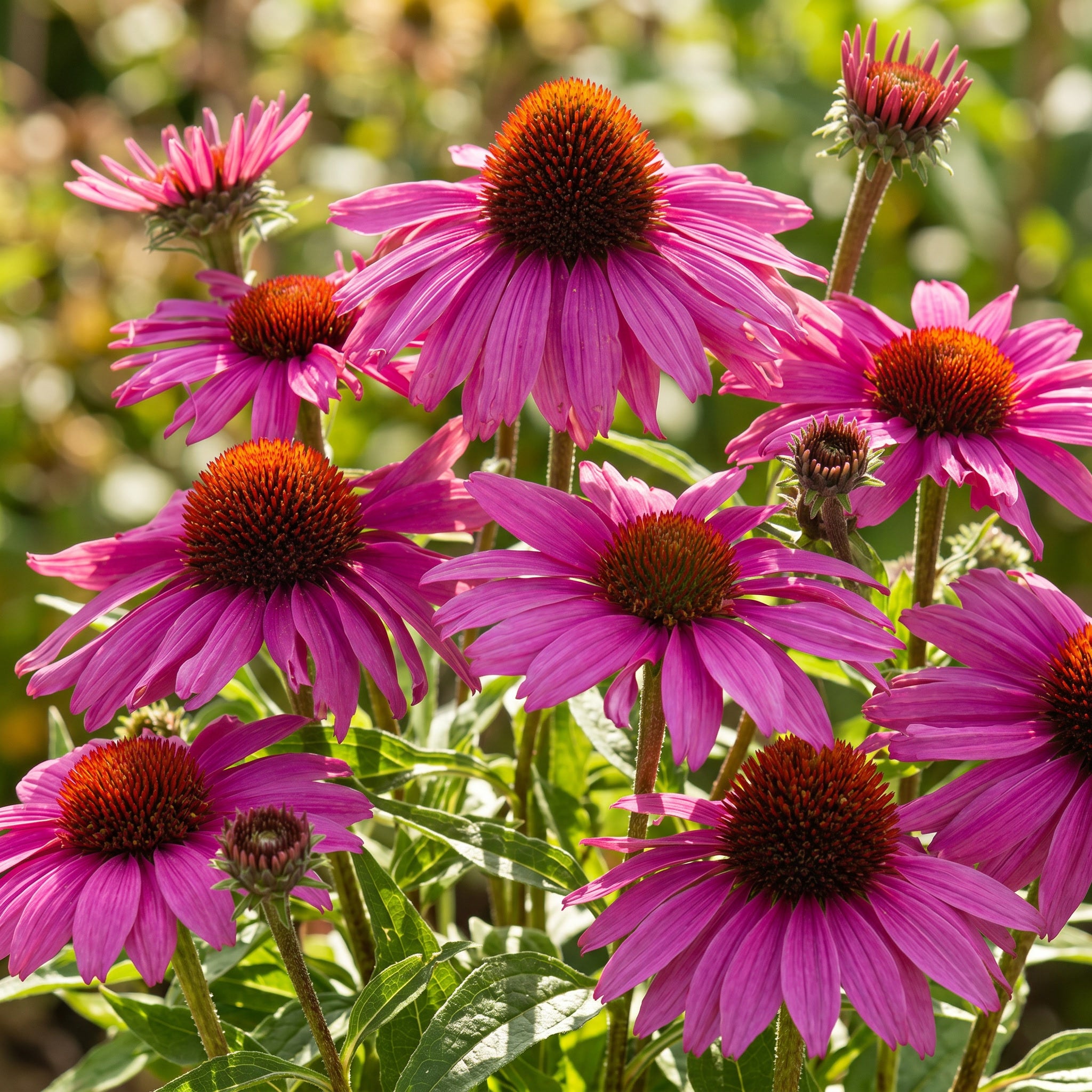 Group of pink flowers with brown centers on a blurred green background
