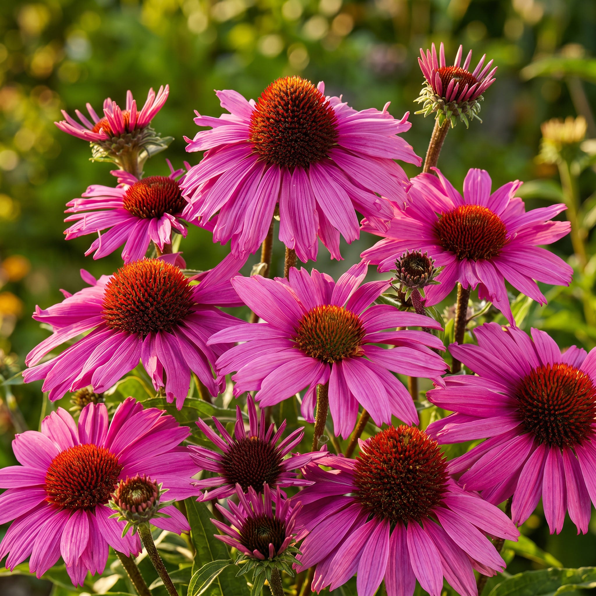 Group of pink flowers with brown centers in a garden setting