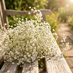Bouquet of white flowers on a wooden bench in a garden setting