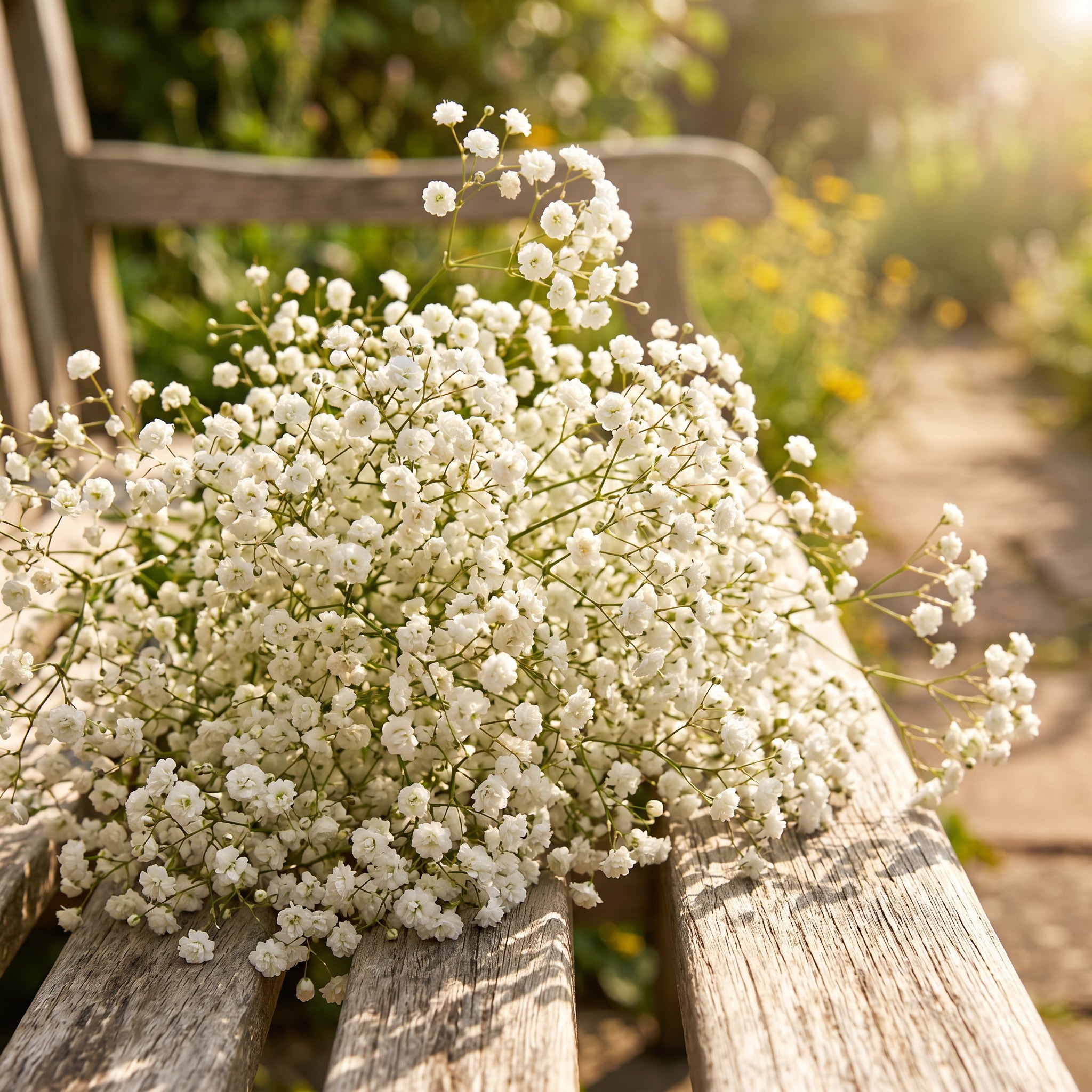 Bouquet of white flowers on a wooden bench in a garden setting