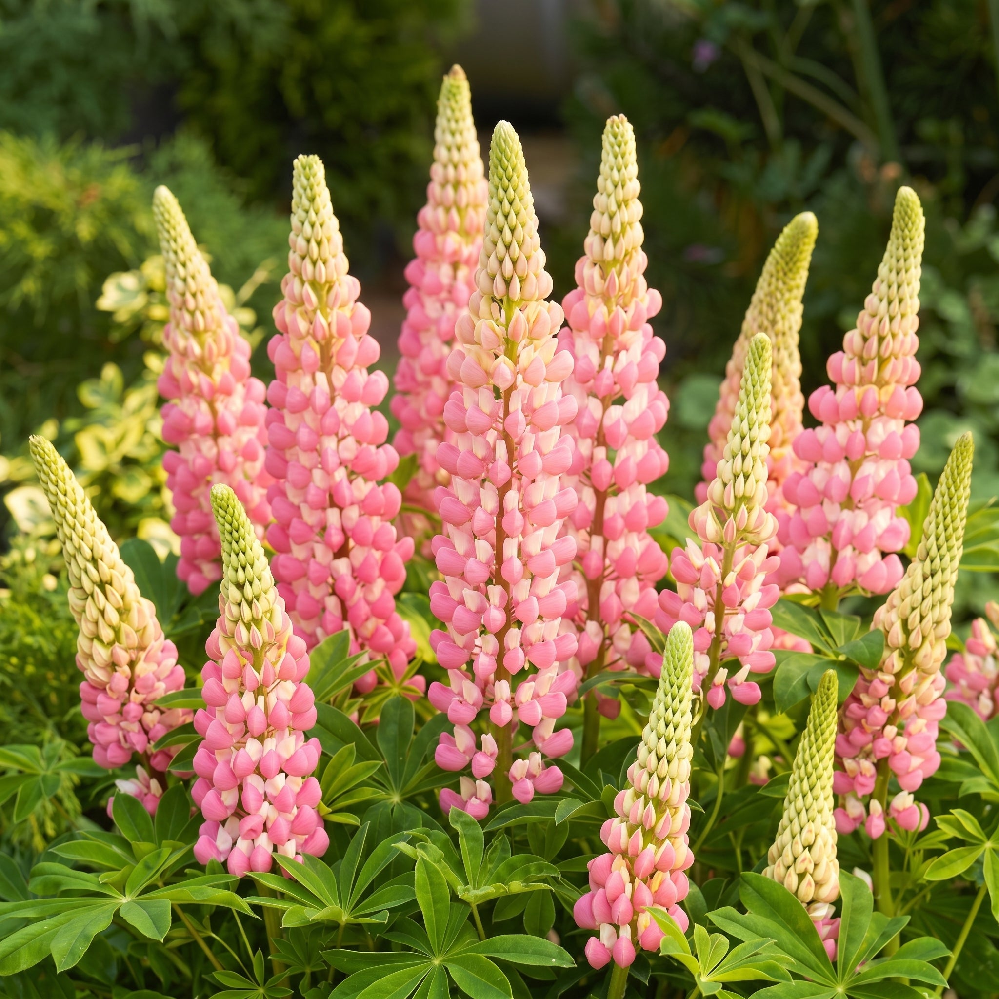 Group of pink lupine flowers with green leaves in a garden setting