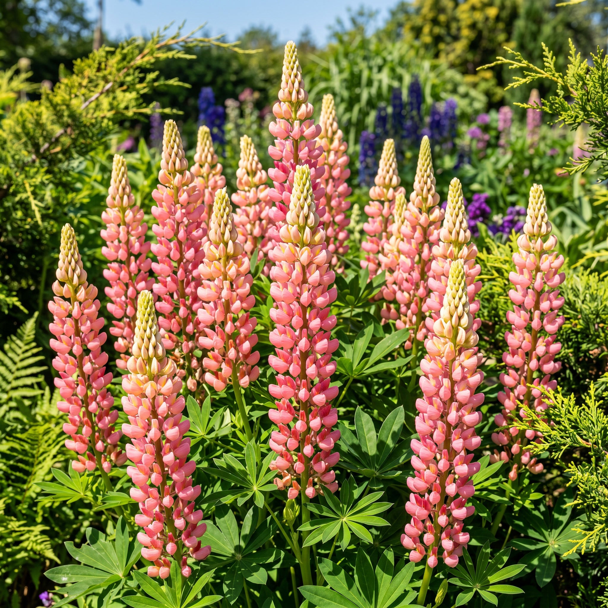 Pink lupine flowers in a garden setting with green foliage and blue sky.