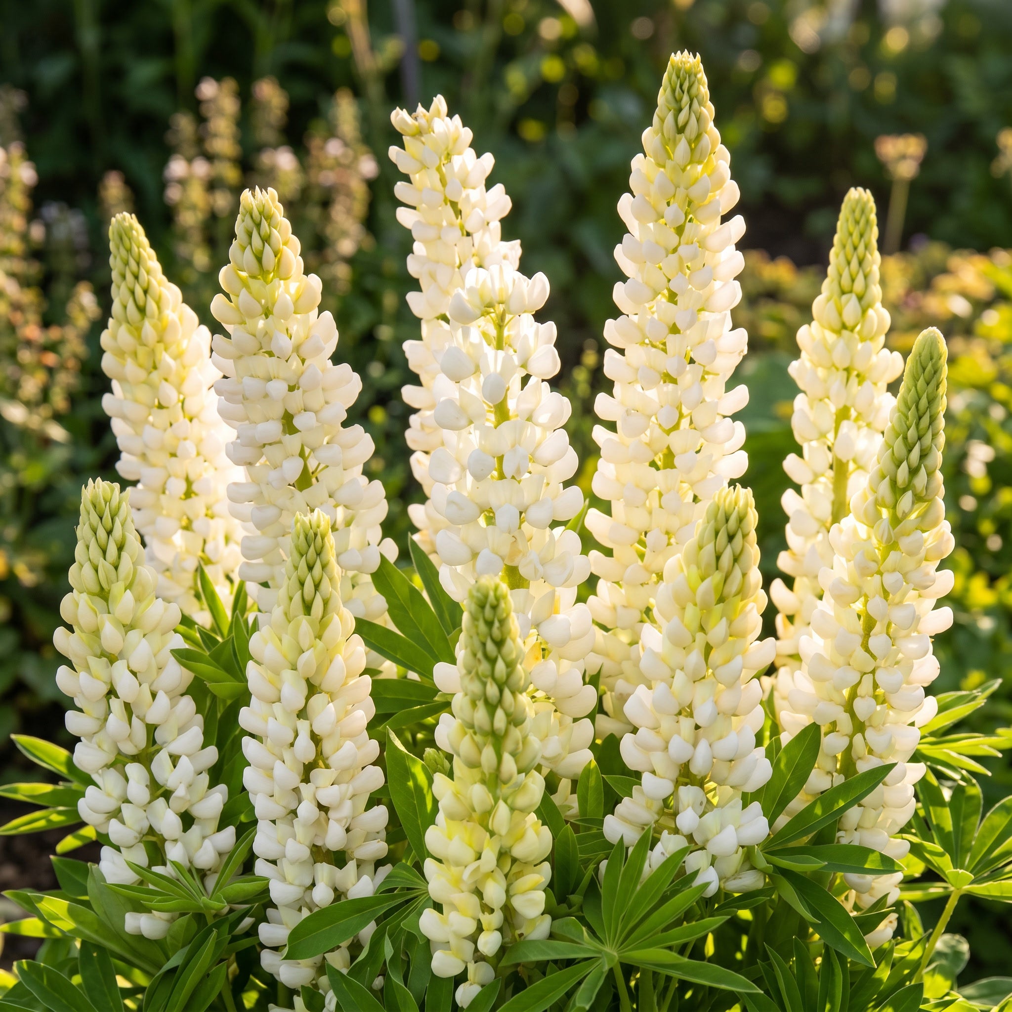 White lupine flowers with green leaves against a blurred natural background