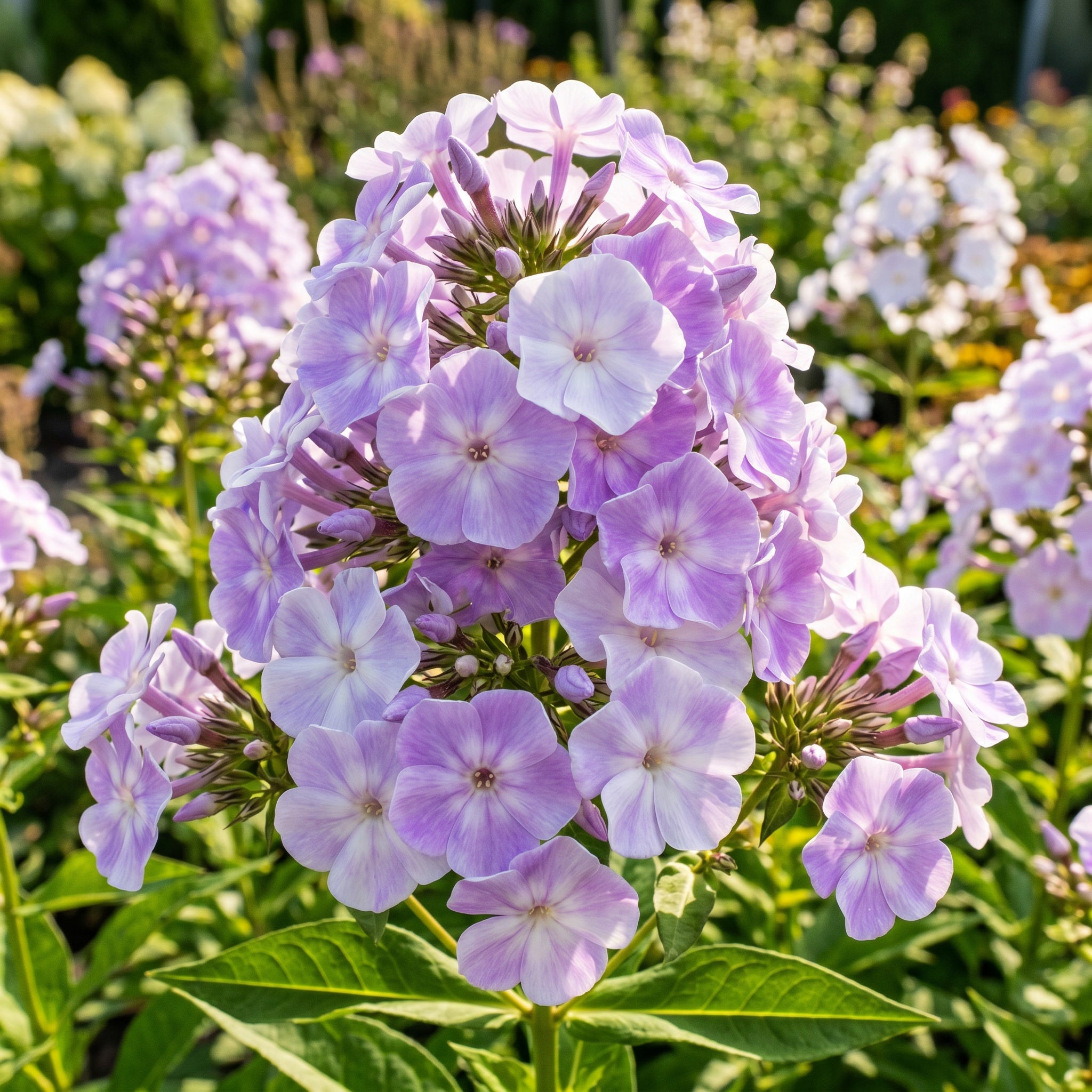 Close-up of a cluster of purple flowers with green leaves in a garden setting.