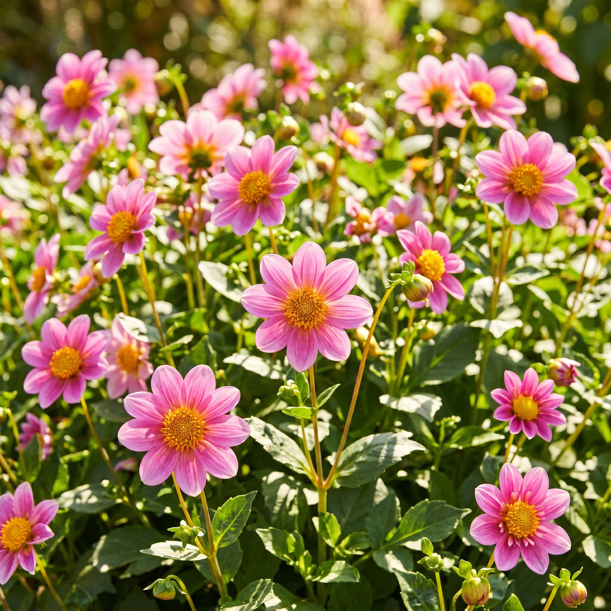 Pink flowers with green leaves in a garden setting