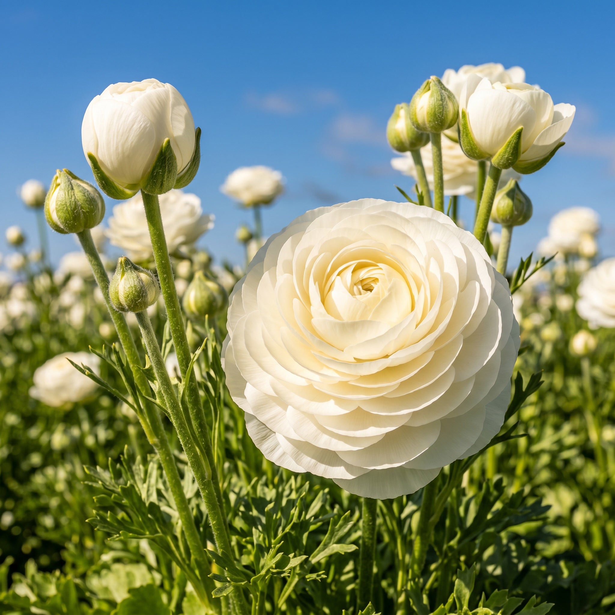 White flowers with green stems against a blue sky