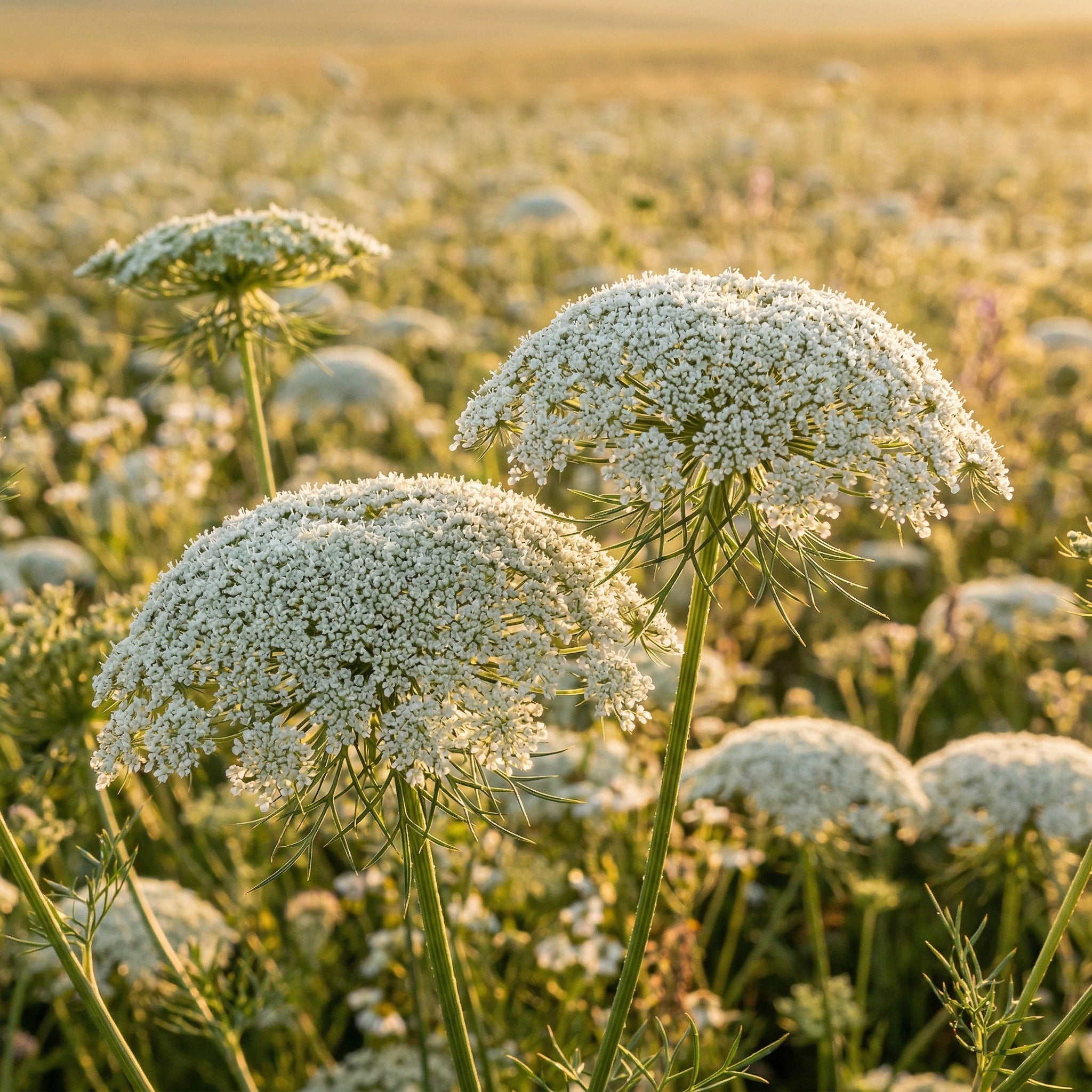 White flowers in a field with a blurred background